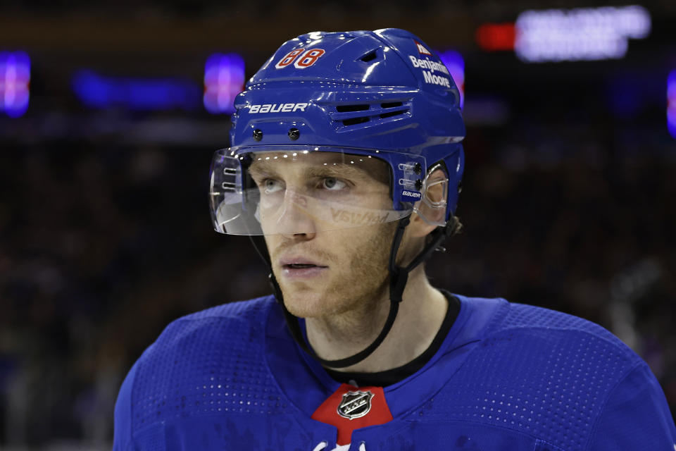 FILE - New York Rangers right wing Patrick Kane (88) skates against the New Jersey Devils in the first period of Game 3 of the team's NHL hockey Stanley Cup first-round playoff series Saturday, April 22, 2023, in New York. Patrick Kane is signing with the Detroit Red Wings, a person with knowledge of the decision told The Associated Press on Tuesday, Nov. 28, 2023.(AP Photo/Adam Hunger, File)