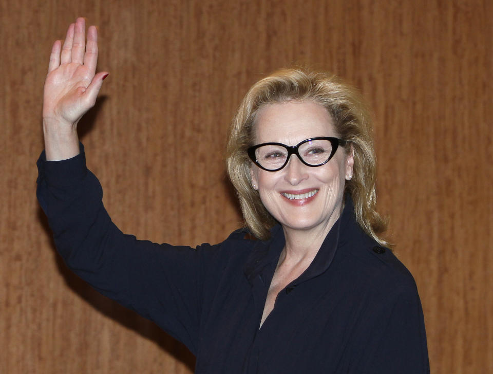 FILE - In this March 7, 2012 file photo, Academy Award winning actress Meryl Streep waves during a press conference to promote their movie "The Iron Lady" in Tokyo, Japan. Kevin Kline will play Romeo opposite Meryl Streep's Juliet for a one-night-only staged reading of Shakespeare's play in Central Park. The Public Theater said Tuesday that Streep and Kline will combine on June 18 to help celebrate the 50th anniversary of its Shakespeare in the Park series. (AP Photo/Shizuo Kambayashi, file)