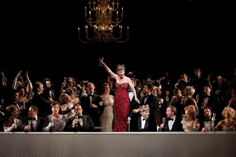 In this March 7, 2012, photo provided by the Metropolitan Opera, Nadja Michael performs in the roll of Lady Macbeth during a dress rehearsal of a revival of Verdi's "Macbeth,'' at the Metropolitan Opera in New York. The 43-year-old German commanded the stage as she conveyed her character's vile lust for power and contempt of vulnerability in her debut at the Met Thursday, March 15. (AP Photo/Metropolitan Opera, Marty Sohl)