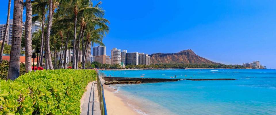 Panoramic view of Waikiki Beach and Diamond Head in Honolulu, Hawaii, USA