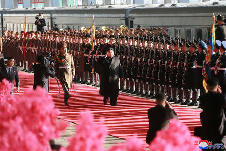 North Korean leader Kim Jong Un departs for a summit in Hanoi, in Pyongyang, North Korea in this photo released by North Korea's Korean Central News Agency (KCNA) on February 23, 2019. KCNA via REUTERS