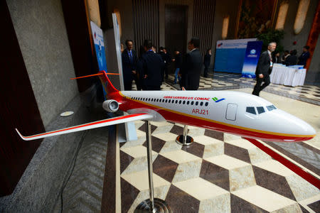 A model of China's ARJ21 aircraft is seen at the Civil Aviation Administration of China (CAAC) - European Aviation Safety Agency (EASA) Aviation Safety Conference in Shanghai, China, April 27, 2017. REUTERS/Stringer