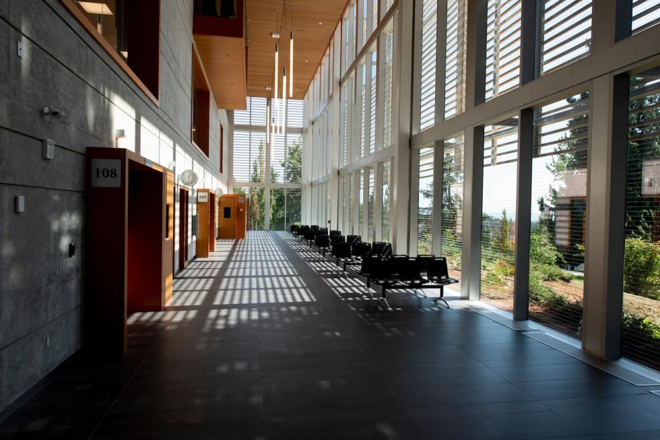 The hallway outside courtrooms in Surrey's new provincial courthouse.