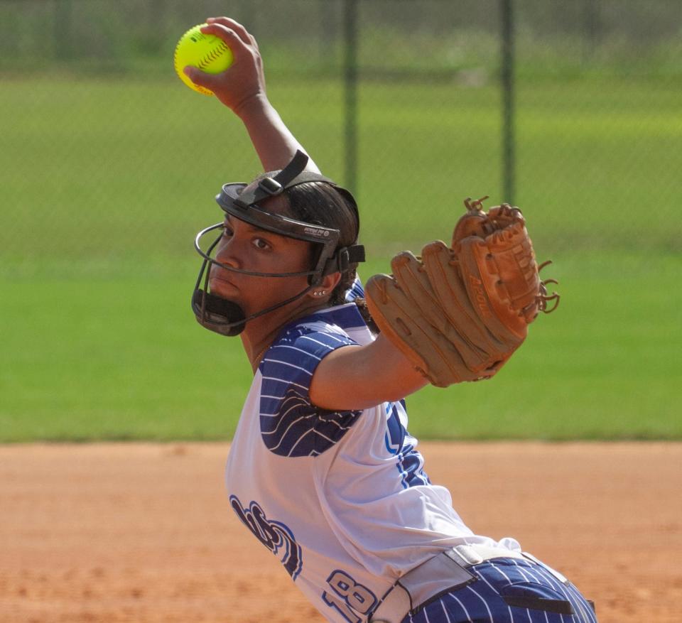 Spanish River High School pitcher Giselle Portanova (18) winds up during the first inning against Lake Brantley High School during their FHSAA State 7A Semi Final softball game at the Legends Way Ball Fields in Clermont Friday. May 26, 2023. MICHAEL WILSON/SPECIAL 