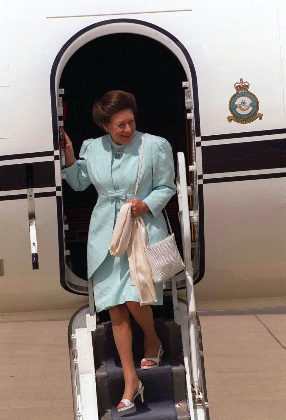 <p>Margaret dons a matching dress and coat for a visit to Raf Cottesmore in Leicestershire on May 15, 1997.</p>