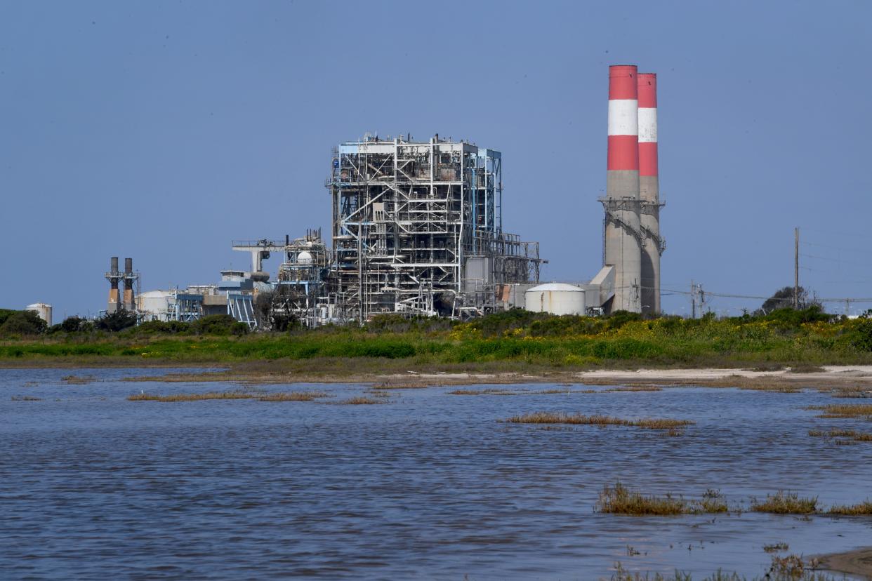 A power plant towers above a marsh at Ormond Beach in Oxnard on Friday, April 14, 2023.