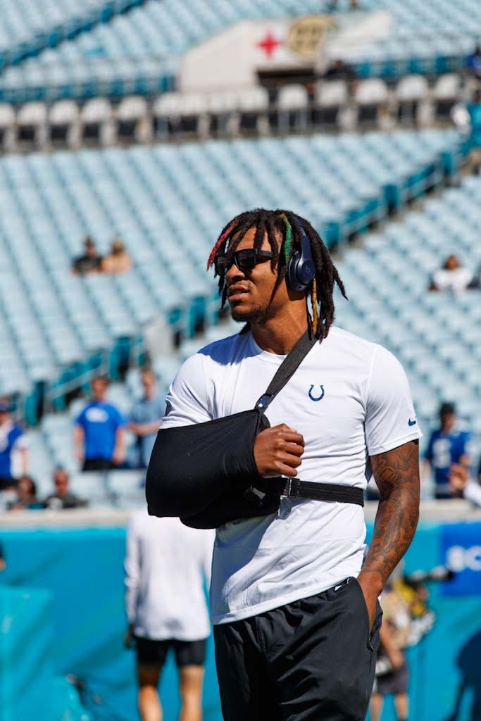 Colts quarterback Anthony Richardson walks the field before Sunday's game against the Jaguars in Jacksonville.