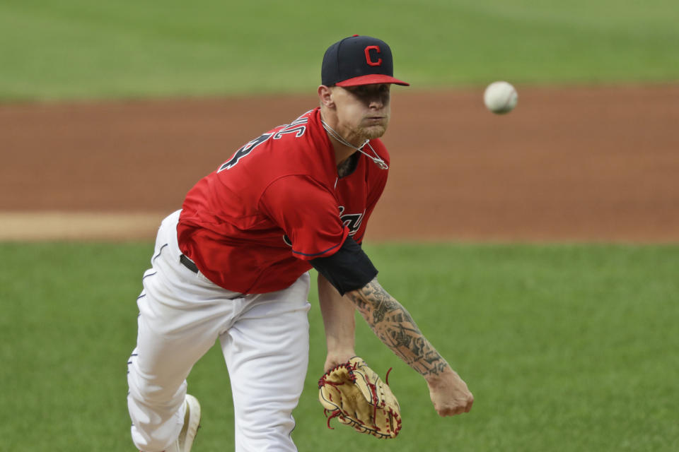Cleveland Indians starting pitcher Zach Plesac delivers in the first inning in a baseball game against the Chicago White Sox, Wednesday, July 29, 2020, in Cleveland. (AP Photo/Tony Dejak)