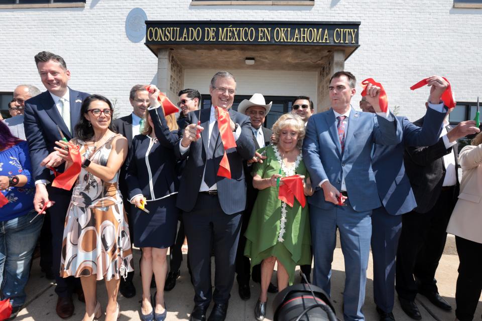 Gov. Kevin Stitt joins Marcelo Ebrard, minister of foreign affairs of Mexico; and Edurne Pineda, consul of Mexico in Oklahoma City, on Saturday at the inauguration of Oklahoma City's Mexican consulate.