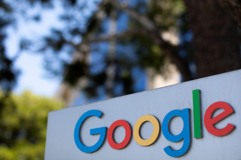 After the company announced it would extend its coronavirus work-from-home order until summer 2021, a  Google sign is shown at one of the company's office complexes in Irvine, California, U.S., July 27, 2020. REUTERS/Mike Blake