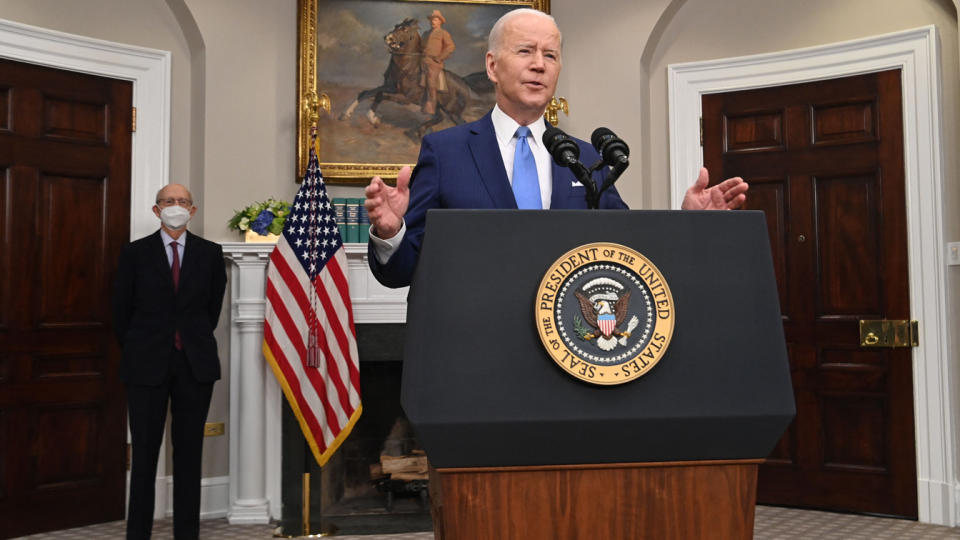 President Biden, with retiring U.S. Supreme Court Justice Stephen Breyer, speaks in the Roosevelt Room of the White House on Jan. 27. 