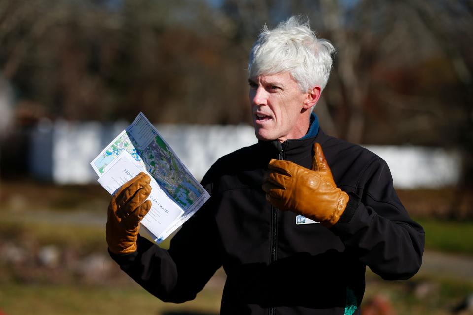 Brendan Annett, Buzzards Bay Coalition Vice President, Watershed Protection, outlines some of the new land acquisitions designed to protect the water supply for Mattapoisett, Acushnet, Marion and Rochester. This new two hundred and forty acre addition to the Mattapoisett River Valley Land Protection Partnership is off of Acushnet Road in Mattapoisett.