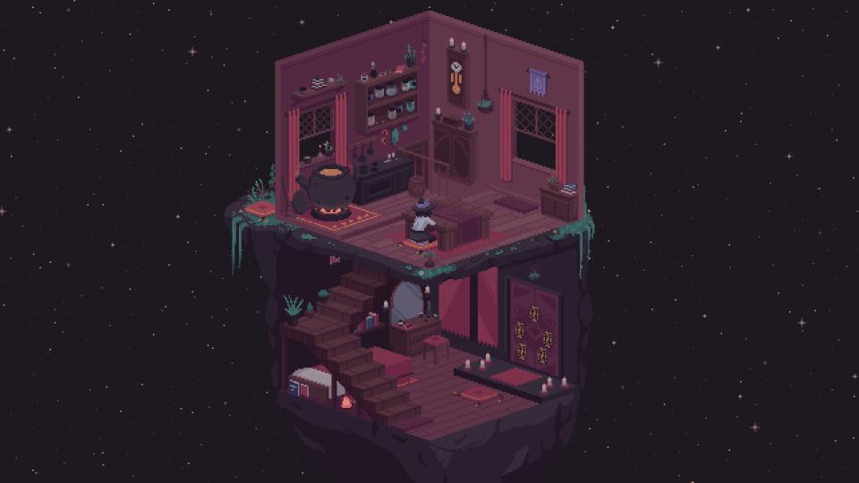 A witch sits alone in her cottage in space