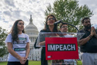 Rep. Rashida Tlaib, D-Mich., a member of the House Committee on Oversight and Reform, speaks as people rally for the impeachment of President Donald Trump, at the Capitol in Washington, Thursday, Sept. 26, 2019. Speaker of the House Nancy Pelosi, D-Calif., committed Tuesday to launching a formal impeachment inquiry against Trump. (AP Photo/J. Scott Applewhite)