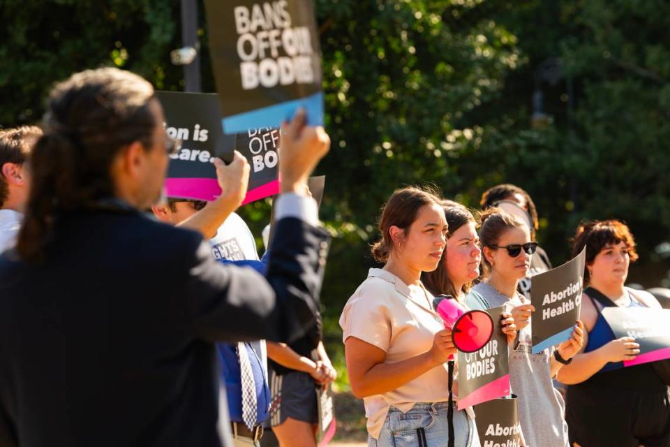 Protestors speak out against the South Carolina Supreme Court’s decision to uphold a six-week abortion ban on Wednesday, August 23, 2023. Protestors say that since many people do not know they are pregnant before six weeks, it is effectively a ban.