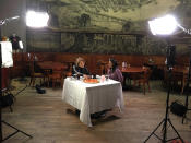 <p>Yahoo Global News Anchor Katie Couric enjoys some pizza with Olympic gold medalist Simone Biles during an interview at John’s Pizzeria in New York City on Nov. 18. (Gordon Donovan/Yahoo News) </p>