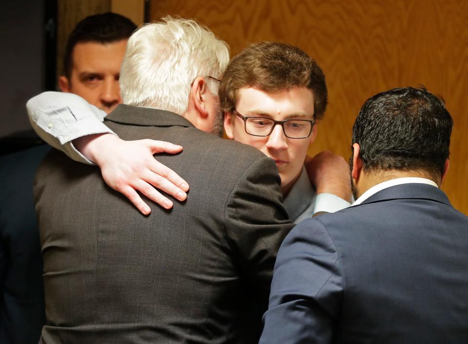 Grant Fuhrman, 20, reacts after being found guilty of attempted first-degree intentional homicide on Friday at the Winnebago County Courthouse in Oshkosh. Fuhrman, then a 16-year-old junior at the Oshkosh West High School, stabbed school resource officer Michael Wissink with a barbecue fork on Dec. 3, 2019.