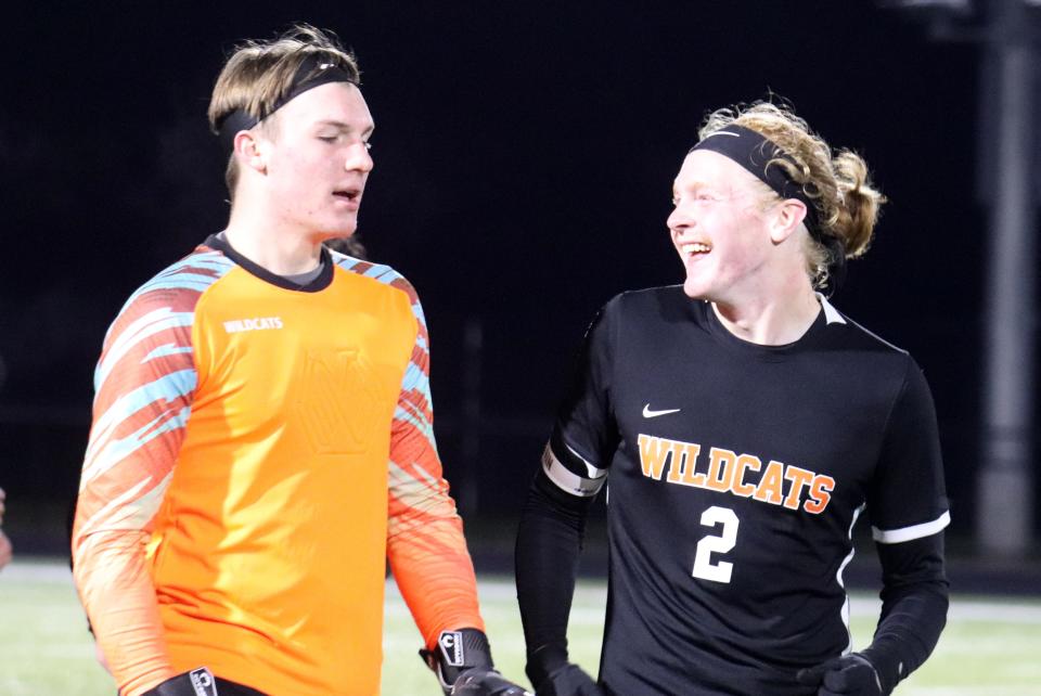 Gardner goalkeeper Wyatt Tom and teammate Andrew Lucier celebrate Gardner's 10-1 win over Minuteman Regional Monday night, Nov. 6, 2023.