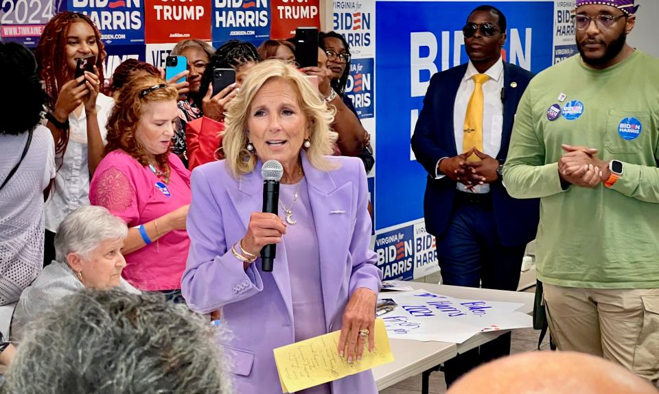 First Lady Jill Biden speaks to a crowd gathered for a sign making party at a Biden-Harris campaign office in Virginia Beach. She stopped at the office on her way to Atlanta for the first presidential debate of the 2024 cycle to support her husband, President Joe Biden.