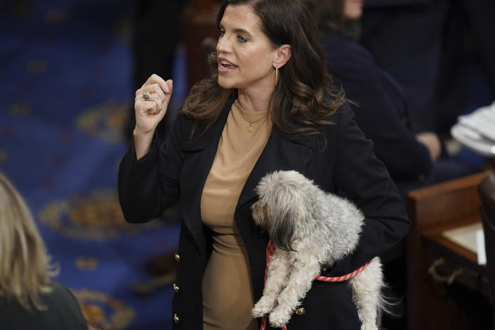 Rep. Nancy Mace, R-S.C., holds her dog after the eleventh vote in the House chamber as the House meets for the third day to elect a speaker and convene the 118th Congress in Washington, Thursday, Jan. 5, 2023. (AP Photo/Alex Brandon)