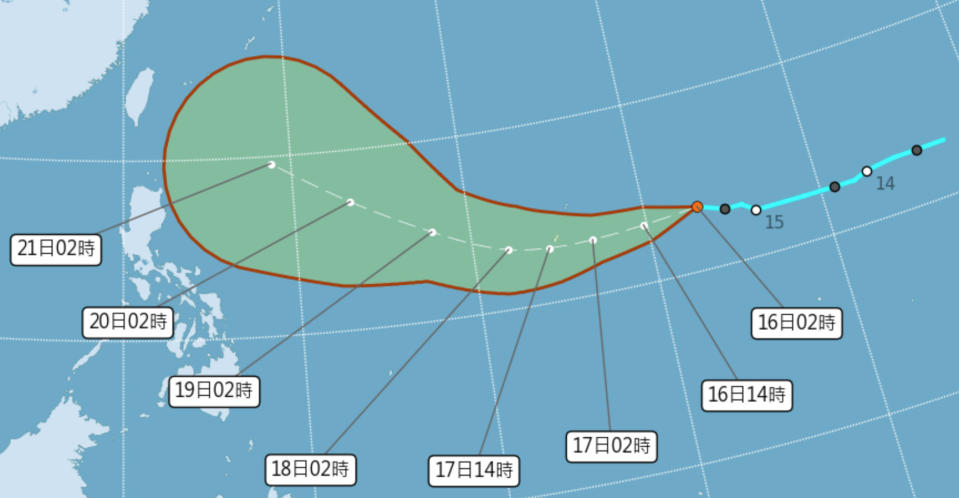 位於關島東方海面的熱帶低壓估明成颱「奧麥斯」機率較大，會否影響台灣還需再觀察。（圖片來源：氣象局，下同）
