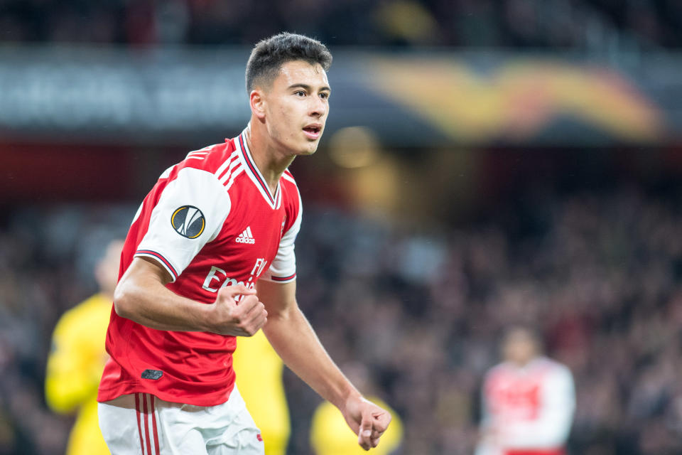 Aged 18 years & 107 days, Martinelli is the youngest player to net two or more goals in a major European game for Arsenal. (Photo by Sebastian Frej/MB Media/Getty Images)