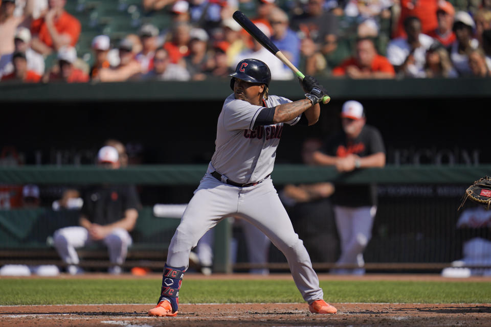 Cleveland Guardians' Jose Ramirez during an at bat against the Baltimore Orioles in the fifth inning of a baseball game, Wednesday, May 31, 2023, in Baltimore. The Guardians won 12-8. (AP Photo/Julio Cortez)