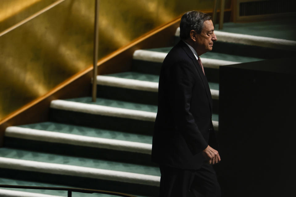 Italian Prime Minister Mario Draghi arrives to speak at the U.N. General Assembly on Tuesday in New York. 