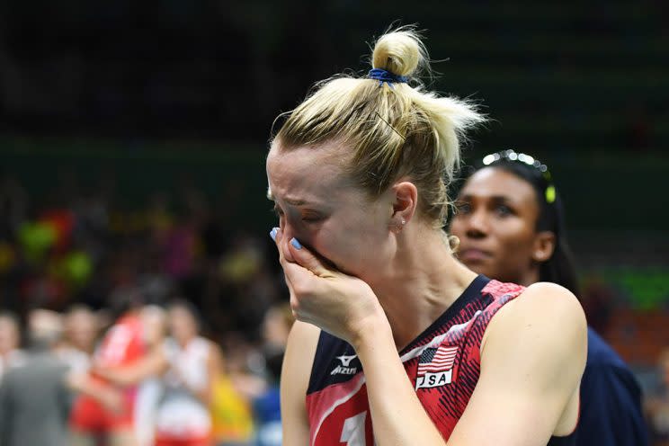 USA's Kimberly Hill cries after losing the women's semi-final volleyball match against Serbia at the Maracanazinho stadium in Rio de Janeiro on August 18, 2016, during the Rio 2016 Olympic Games. / AFP / Eric FEFERBERG (Photo credit should read ERIC FEFERBERG/AFP/Getty Images)