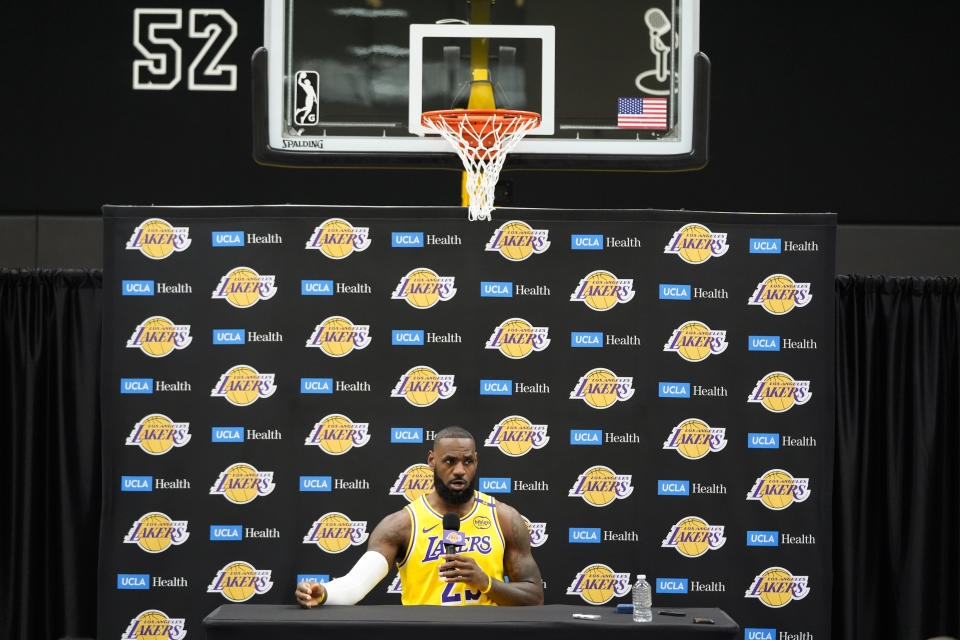 Los Angeles Lakers' LeBron James talks to reporters during the NBA basketball team's media day in El Segundo, Calif., Monday, Sept. 30, 2024. (AP Photo/Jae C. Hong)