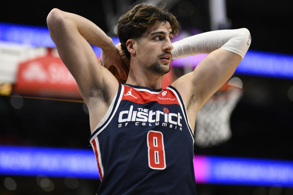 Washington Wizards forward Deni Avdija looks on after he was fouled during the second half of an NBA basketball game against the Detroit Pistons, Monday, Jan. 15, 2024, in Washington. (AP Photo/Nick Wass)