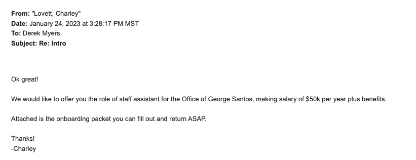An email exchange between Myers and Santos Chief of Staff, Charley Lovett. / Credit: Derek Myers