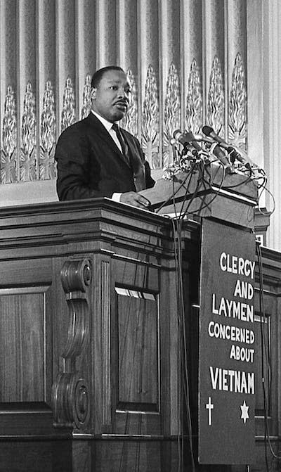 Martin Luther King Jr. speaks at an anti-Vietnam War demonstration on Feb. 6, 1968, in Washington, D.C. <a href="https://www.gettyimages.com/detail/news-photo/view-of-american-civil-rights-leader-dr-martin-luther-king-news-photo/156039788?adppopup=true" rel="nofollow noopener" target="_blank" data-ylk="slk:Joseph Klipple/Getty Images;elm:context_link;itc:0;sec:content-canvas" class="link ">Joseph Klipple/Getty Images</a>