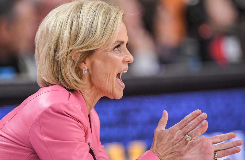 Louisiana State University Coach Kim Mulkey communicates with players in the game with Tennessee during the first quarter of the SEC Women's Basketball Tournament at Bon Secours Wellness Arena in Greenville, S.C. Saturday, March 4, 2023. 