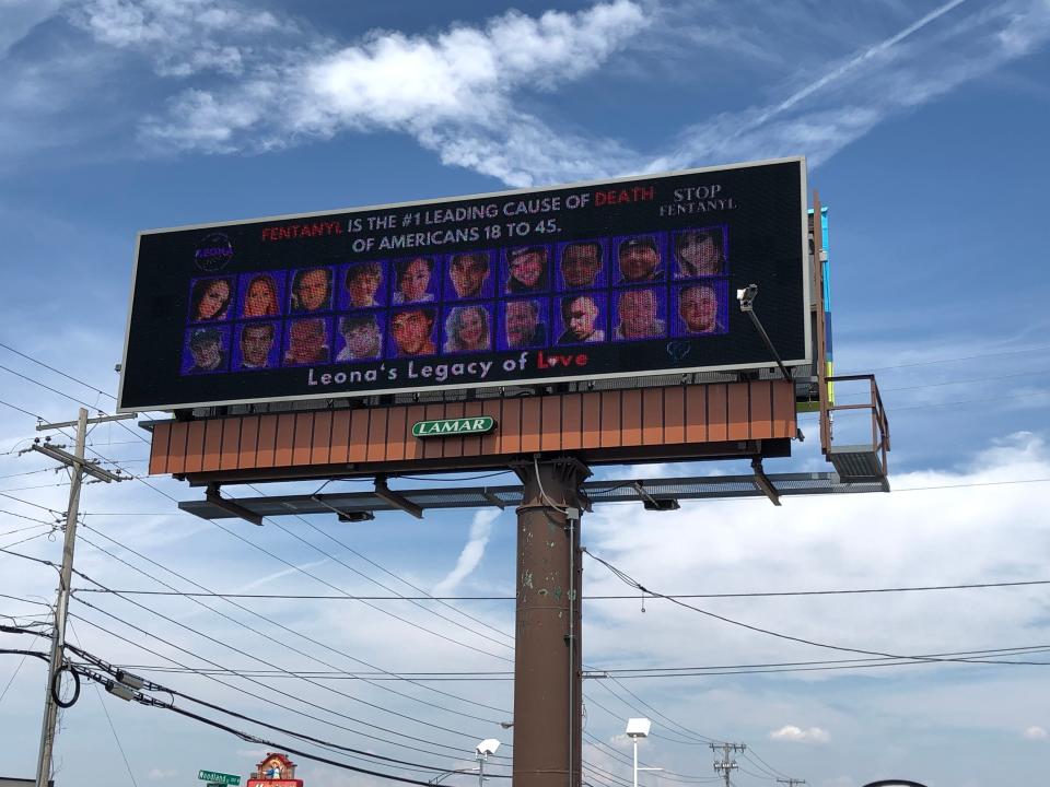 Leona Swinney and others who died from fentanyl are pictured on this billboard for Leona's Legacy of Love at 2850 S. Campbell Ave. on August 28, 2024. There will be an event on Friday, August 30 at 4 p.m. to share stories, distribute Narcan, release balloons and light candles.