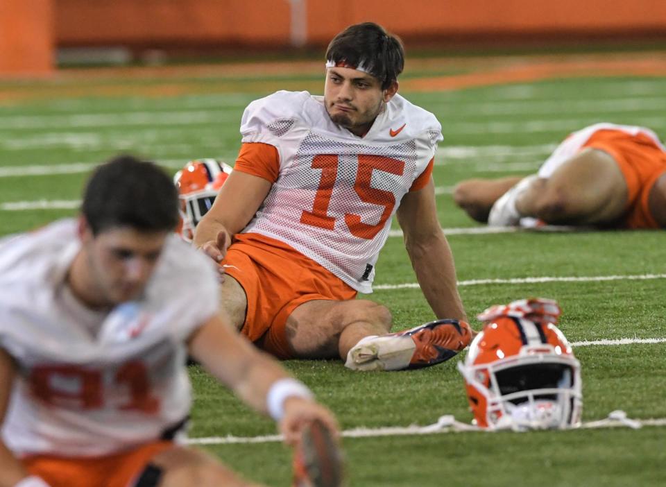 Clemson receiver Troy Stellato (15) during Spring practice in Clemson, S.C. Friday, March 4, 2022. 