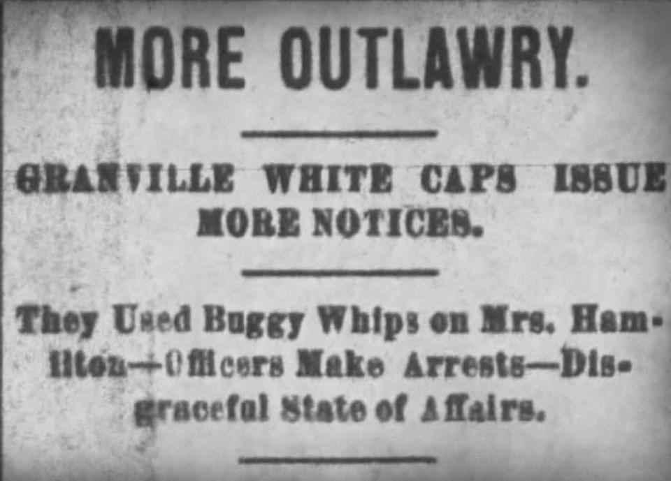 Headline from Muncie Daily Times, February 28, 1895, tells of attack by hooded men known as Granville White Caps.