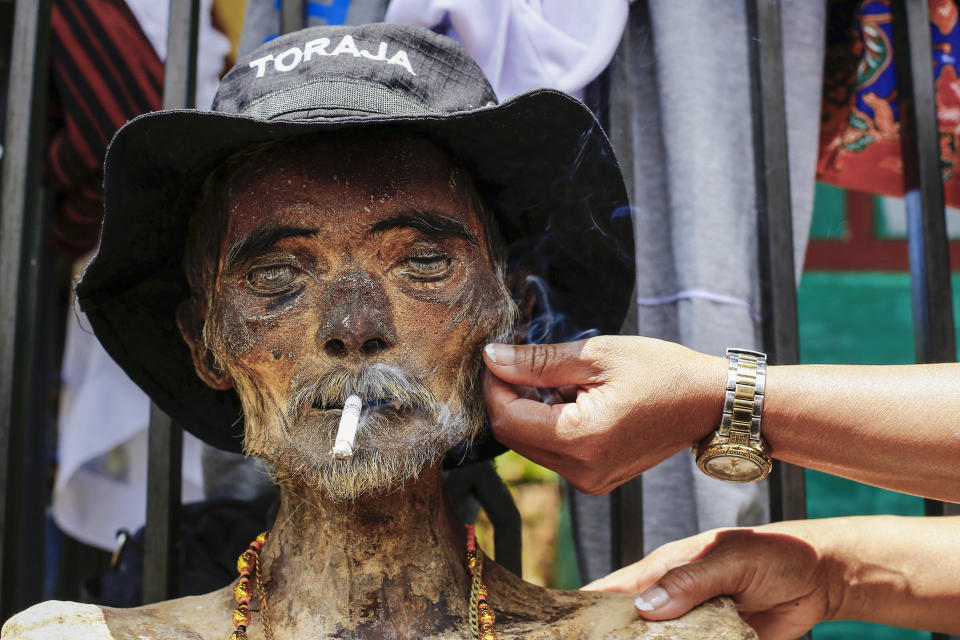 <p>Durante el ritual, que dura un día, visten los cadáveres, los peinan y le añaden todo tipo de complementos. También inmortalizan el momento tomándose fotografías con los cadáveres. (Foto: Andri Saputra / AFP / Getty Images).</p> 