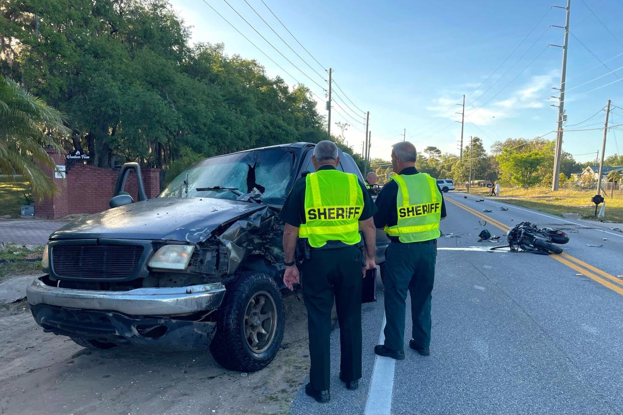 A motorcycle traveling east on Lake Hatchineha Road in eastern Polk County struck a Ford pickup that was entering the road early Tuesday morning. The motorcyclist, a 21-year-old man from Poinciana, died at the scene.