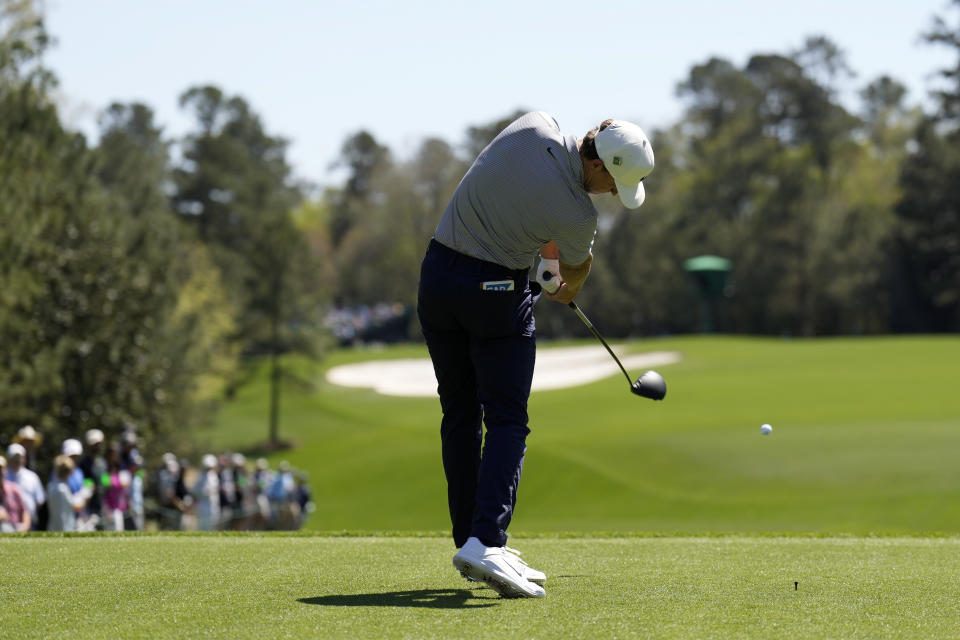 Cameron Champ hits his tee shot on the fifth hole during the final round at the Masters golf tournament on Sunday, April 10, 2022, in Augusta, Ga. (AP Photo/Matt Slocum)