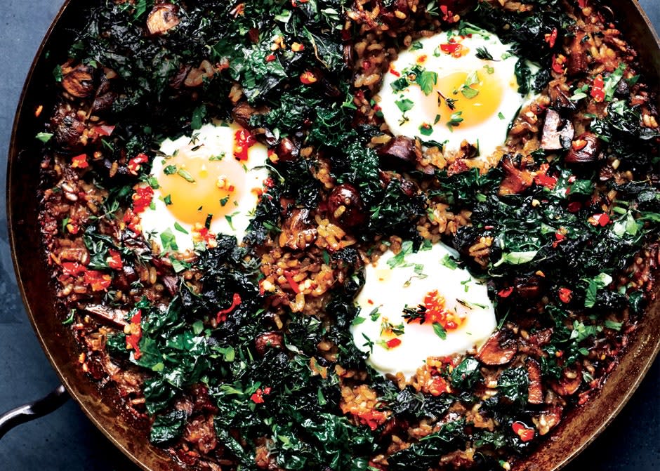 Mushroom Paella with Kale and Eggs