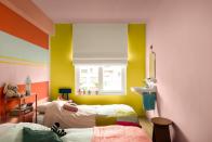 <p>Create a bold and playful girls' bedroom with a combination of sunny yellow on one wall and alternately striped block colours on the adjoining wall using pink, orange and pale green. Finish the look by painting the ceiling in pink.</p><p>Pictured: Dulux Colour of the Year 2020 - Tranquil Dawn - Play Palette, <a href="https://go.redirectingat.com?id=127X1599956&url=https%3A%2F%2Fwww.dulux.co.uk%2Fen%2Fcolour-inspiration%2Fhow-to-use-dulux-2020-colour-palettes&sref=https%3A%2F%2Fwww.housebeautiful.com%2Fuk%2Fdecorate%2Fbedroom%2Fg35589644%2Fgirls-bedroom-ideas%2F" rel="nofollow noopener" target="_blank" data-ylk="slk:Dulux;elm:context_link;itc:0;sec:content-canvas" class="link ">Dulux</a></p>