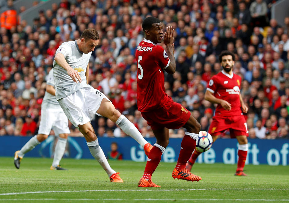 <p>Manchester United’s Nemanja Matic shoots at goal</p>