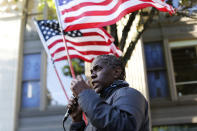 A protester demonstrates in and around Pioneer Square in Portland, Tuesday evening, June 2, 2020, following the death of George Floyd, a black man who died in police custody on Memorial Day in Minneapolis. (Sean Meagher/The Oregonian via AP)