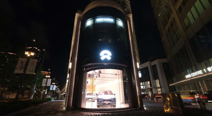 A Nio (NIO) store at night in Shanghai, China.