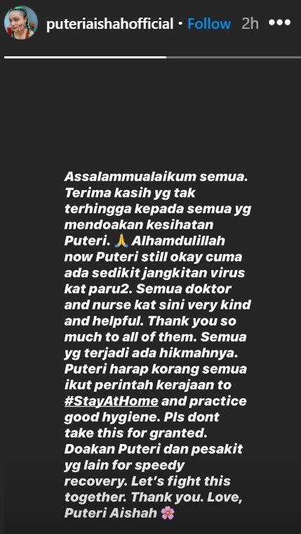 The 24-year-old reminds Malaysians to practise good hygiene and stay at home. — Screengrab from Instagram/Puteri Aishah