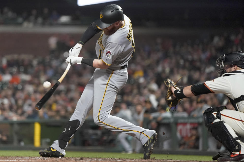 Pittsburgh Pirates' Colin Moran hits a single against the San Francisco Giants during the fifth inning of a baseball game Wednesday, Sept. 11, 2019, in San Francisco. (AP Photo/Tony Avelar)