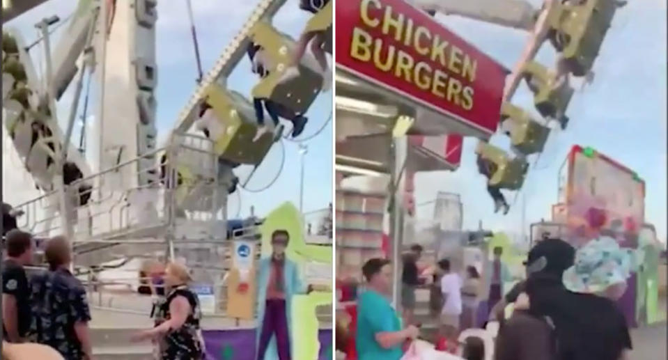 Terrifying footage captured the aftermath of the 30-metre fall at the Cairns Showfest. Source: 9News