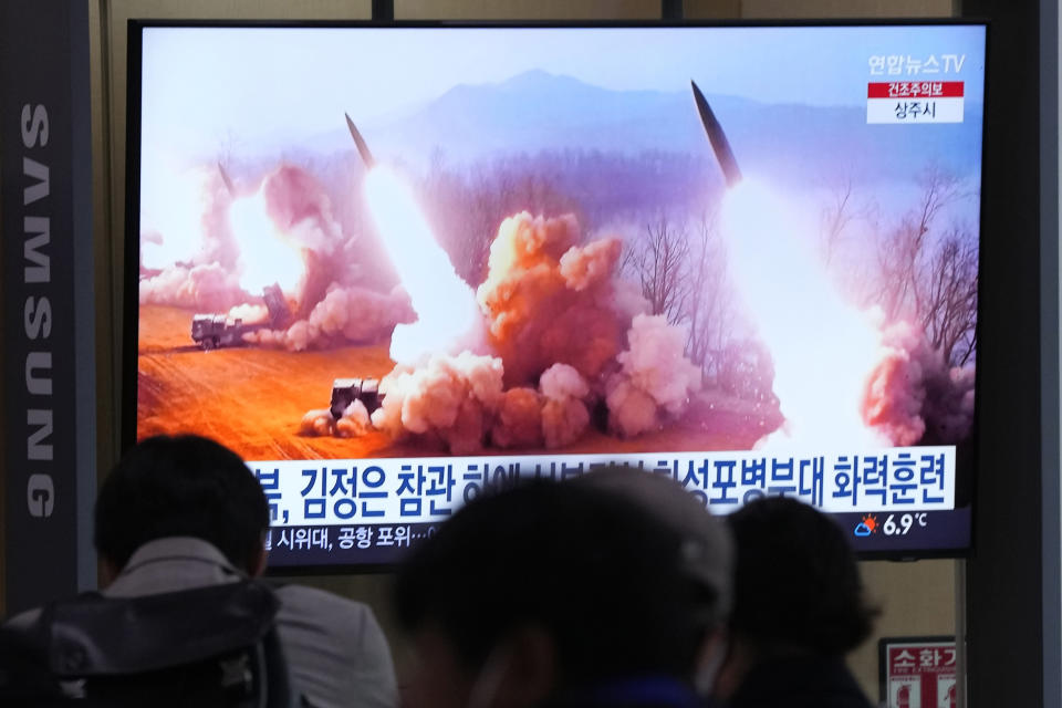 A TV screen shows an image of North Korea's missiles launch during a news program at the Seoul Railway Station in Seoul, South Korea, Friday, March 10, 2023. North Korean leader Kim Jong Un supervised a frontline artillery drill simulating an attack on an unspecified South Korean airfield as he called for his troops to sharpen their combat readiness in the face of his rivals' "frantic war preparation moves," state media said Friday. (AP Photo/Ahn Young-joon)