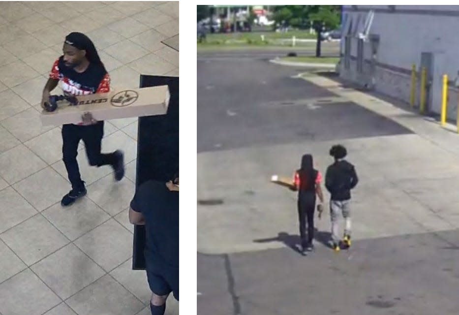 Department of Justice says this surveillance video shows Sheldon Avery Thomas, 26, of Detroit, leaving Eastpointe gun shop with pistol purchase on June 7, 2022. Photo on right shows Thomas and Emoni Davis, 19, suspect in cop killing, meeting up that same day in nearby parking lot.